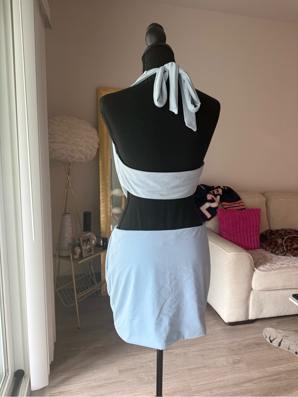 Oh Polly Light Blue Drape Front Crop Top & Mini Skirt Co-ord Set - Picture 7 of 8